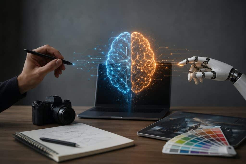 Mano umana e mano robotica davanti a un cervello digitale come simbolo della collaborazione tra creatività e intelligenza artificiale