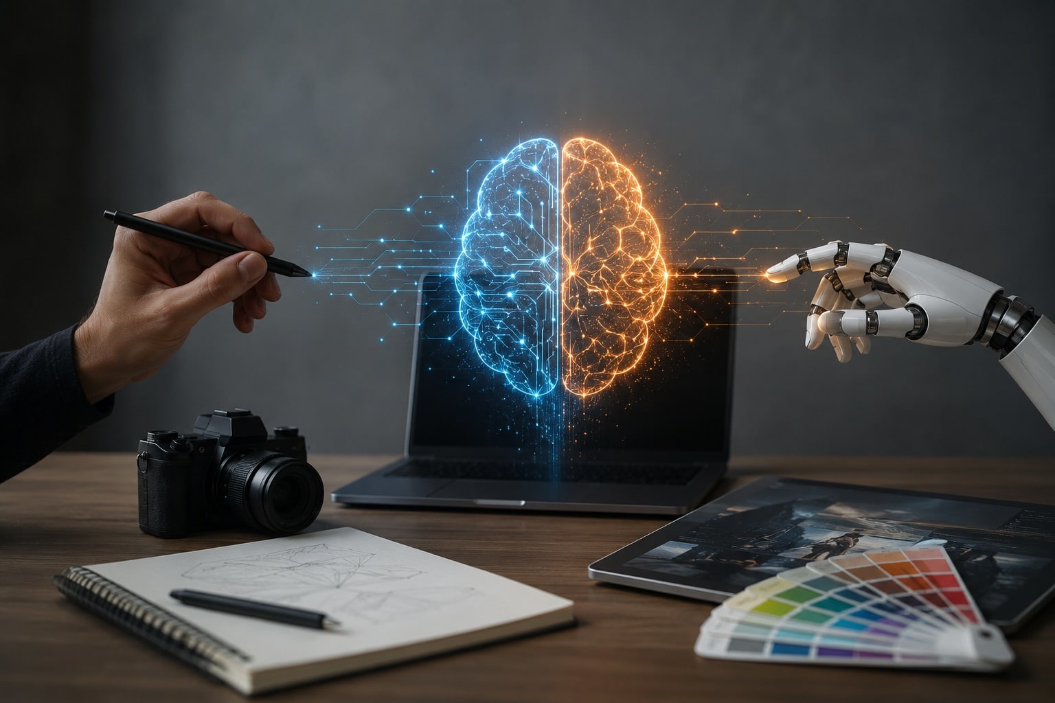 Mano umana e mano robotica davanti a un cervello digitale come simbolo della collaborazione tra creatività e intelligenza artificiale