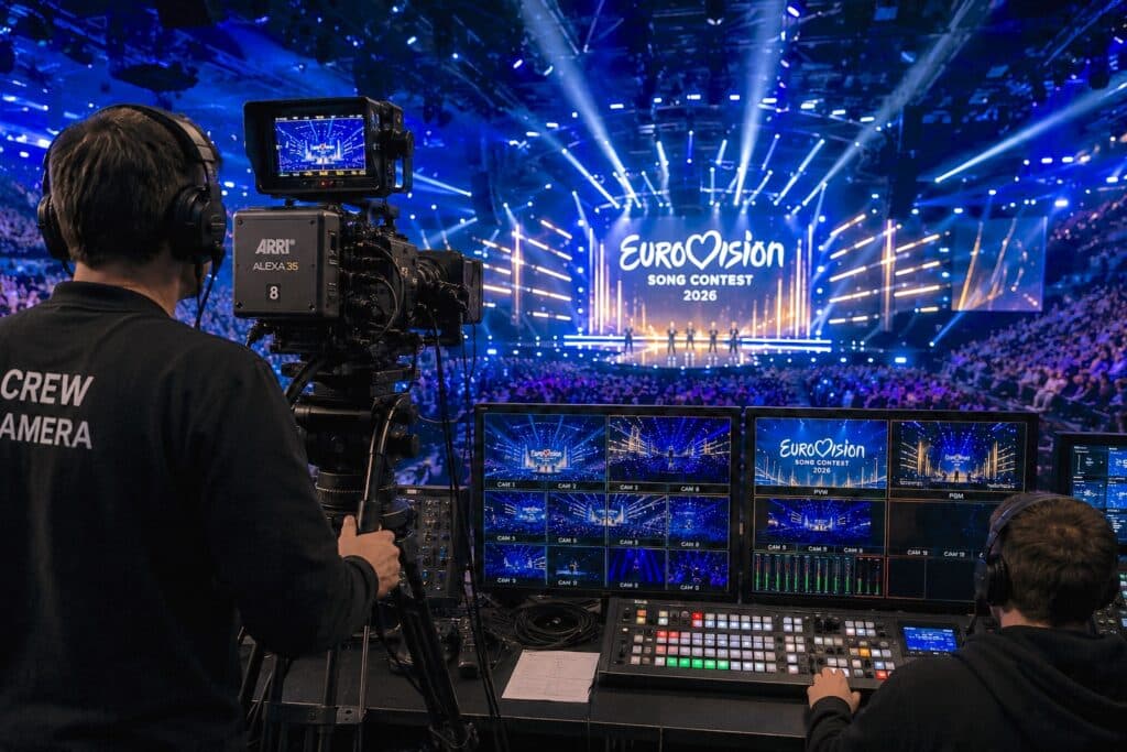 Produzione video moderna con regia multicamera e camere cinema in un grande evento live