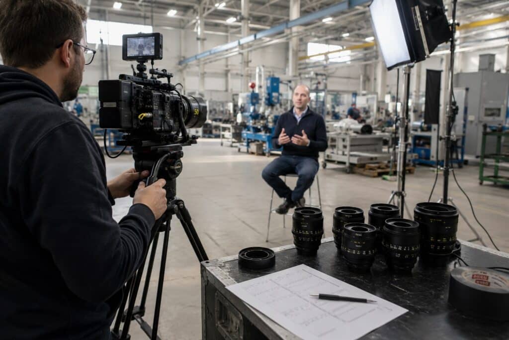 Set video industriale con camera cinema, ottiche professionali e intervista aziendale in reparto produttivo