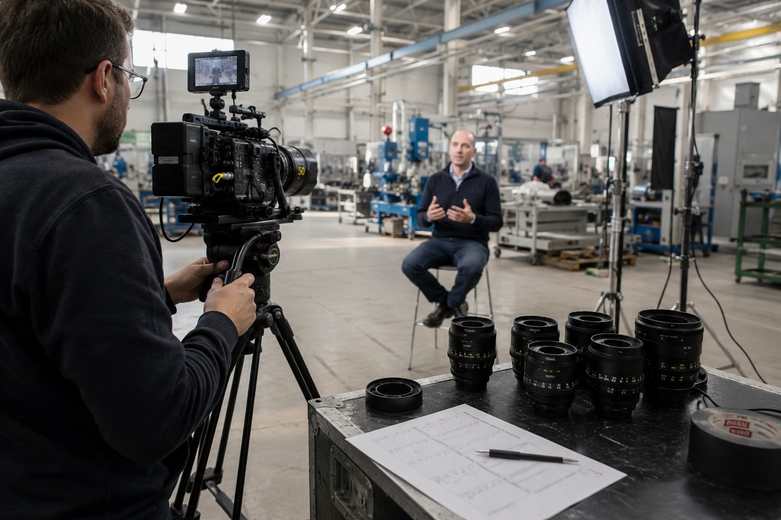 Set video industriale con camera cinema, ottiche professionali e intervista aziendale in reparto produttivo
