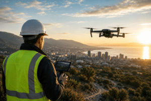 Operatore professionale con drone durante una ripresa aerea tecnica al tramonto