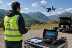 Pilota drone professionale durante operazione di ripresa aerea con attrezzatura tecnica e controllo del volo
