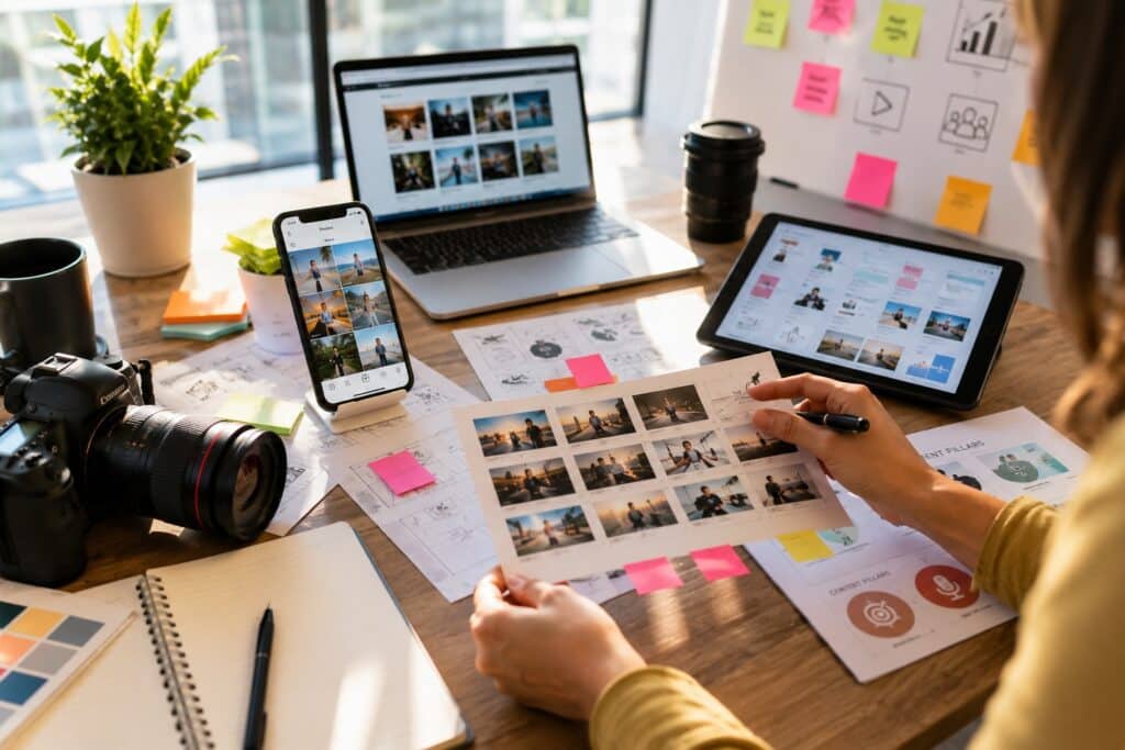 Professionista al lavoro su storyboard, smartphone, tablet e attrezzatura video per pianificare contenuti social aziendali