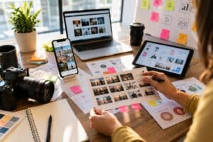 Professionista al lavoro su storyboard, smartphone, tablet e attrezzatura video per pianificare contenuti social aziendali