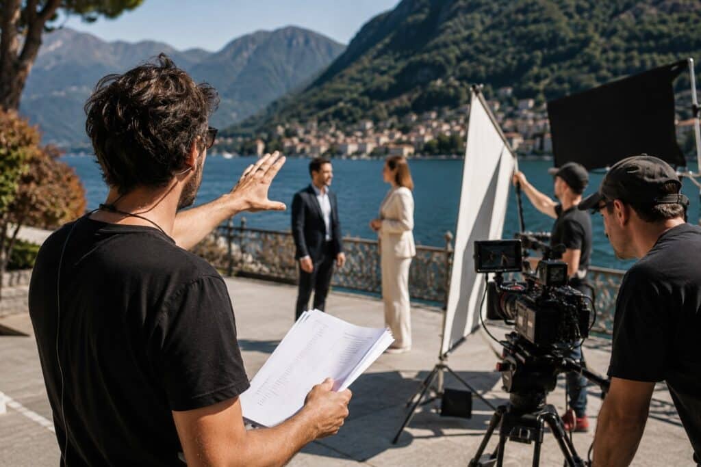 Regista durante un set esterno per video aziendale con troupe, camera professionale e direzione creativa