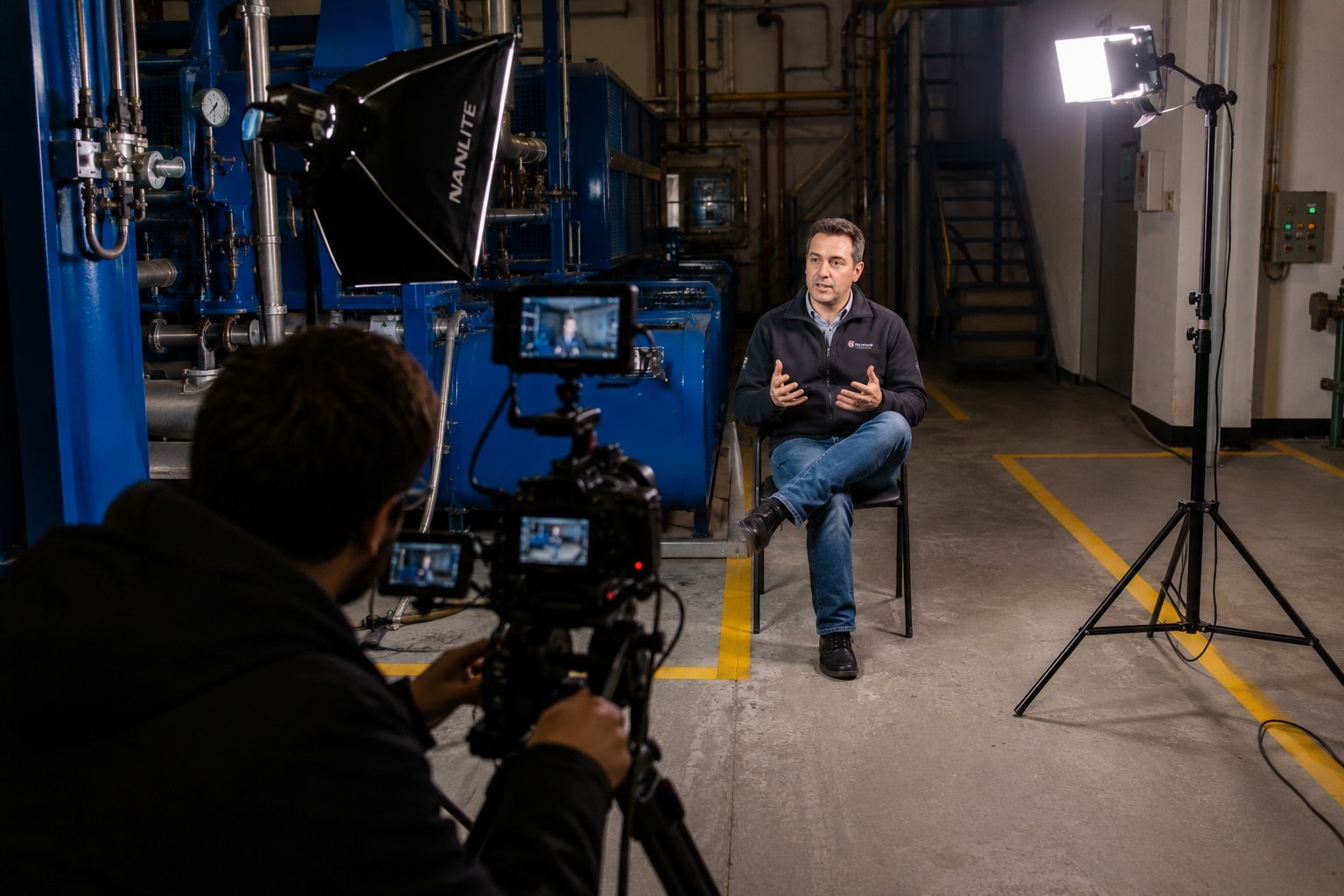 Set video industriale con intervista aziendale, camera professionale e luci su stativi in reparto produttivo
