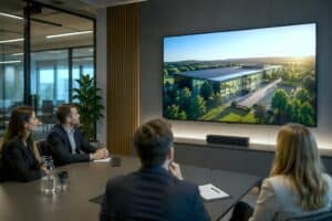 Video corporate visualizzato su grande schermo durante una presentazione aziendale in ambiente moderno