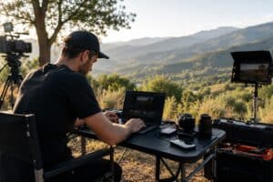 Videomaker professionale che organizza il materiale video con strumenti digitali durante una produzione esterna