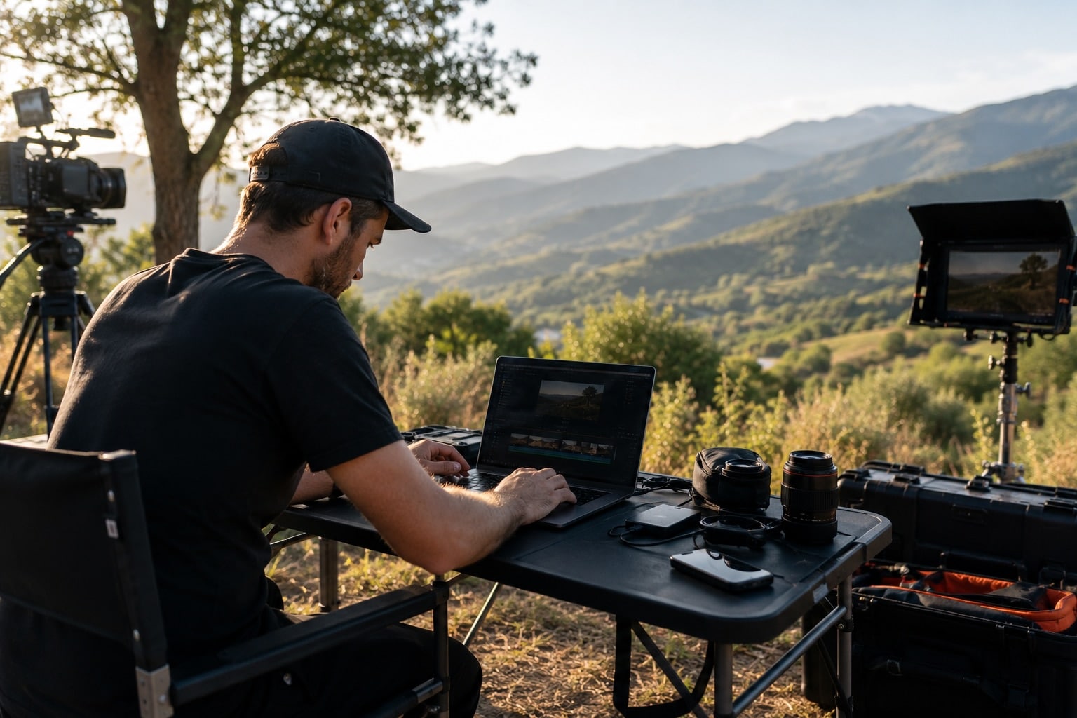 Videomaker professionale che organizza il materiale video con strumenti digitali durante una produzione esterna