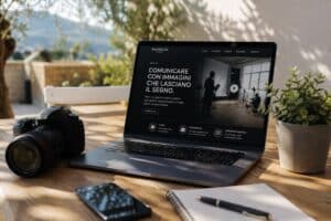 Sito web aziendale con video hero visualizzato su laptop in uno spazio di lavoro luminoso