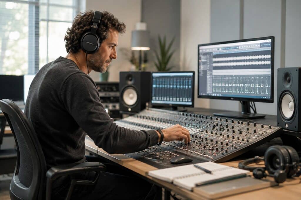 Studio di post-produzione audio con mixer, cuffie e monitor per la scelta della musica nei video aziendali