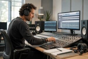 Studio di post-produzione audio con mixer, cuffie e monitor per la scelta della musica nei video aziendali