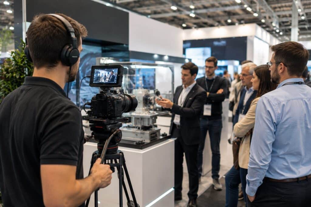 Operatore video con camera professionale durante le riprese di una dimostrazione prodotto in fiera aziendale