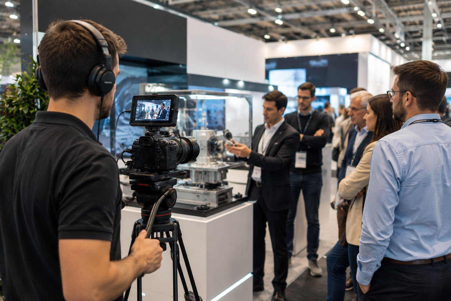 Operatore video con camera professionale durante le riprese di una dimostrazione prodotto in fiera aziendale