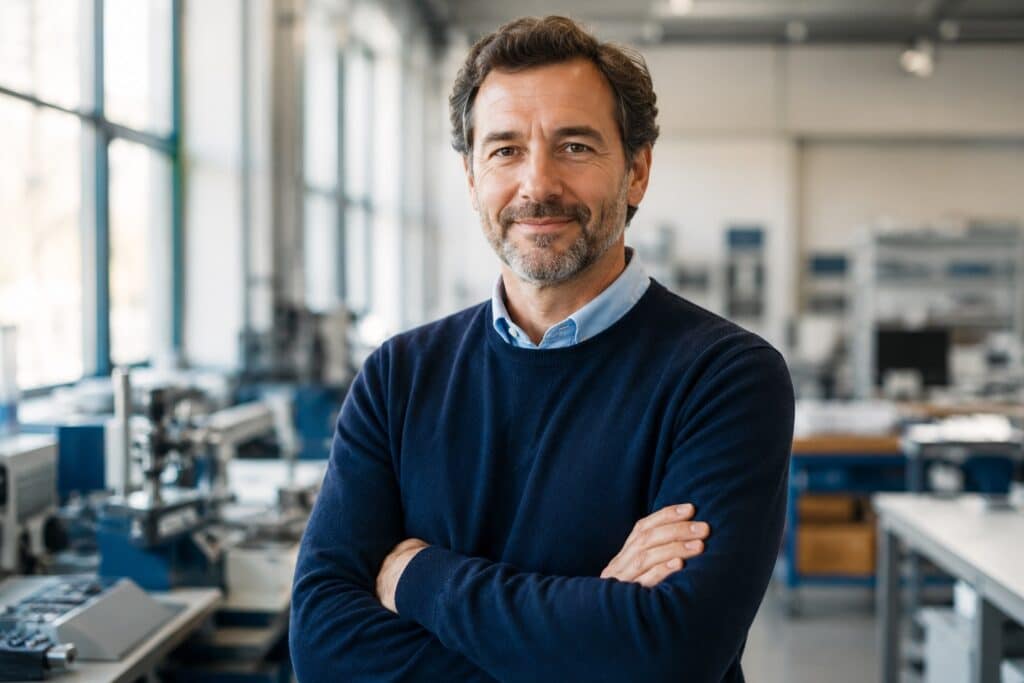 Professionista ritratto in un ambiente di lavoro reale per comunicare fiducia e autenticità nei video aziendali