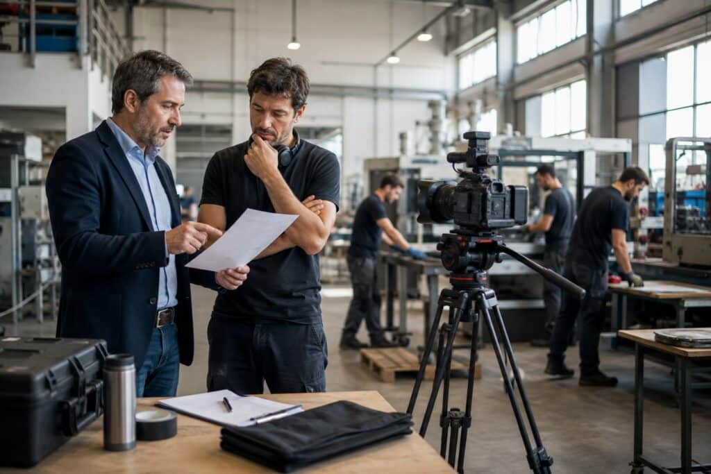 Responsabile aziendale e operatore video preparano una giornata di riprese all’interno di uno stabilimento industriale