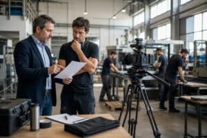 Responsabile aziendale e operatore video preparano una giornata di riprese all’interno di uno stabilimento industriale