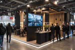 Stand espositivo con video aziendale durante una fiera professionale