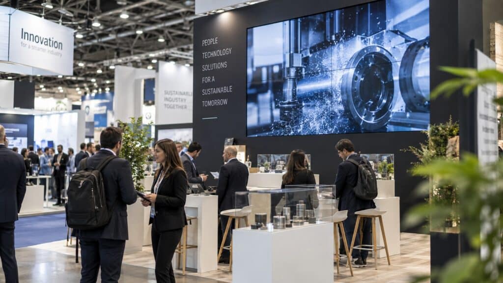Stand fieristico moderno con grande schermo che mostra un contenuto video industriale