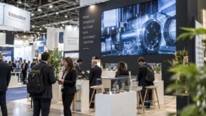 Stand fieristico moderno con grande schermo che mostra un contenuto video industriale