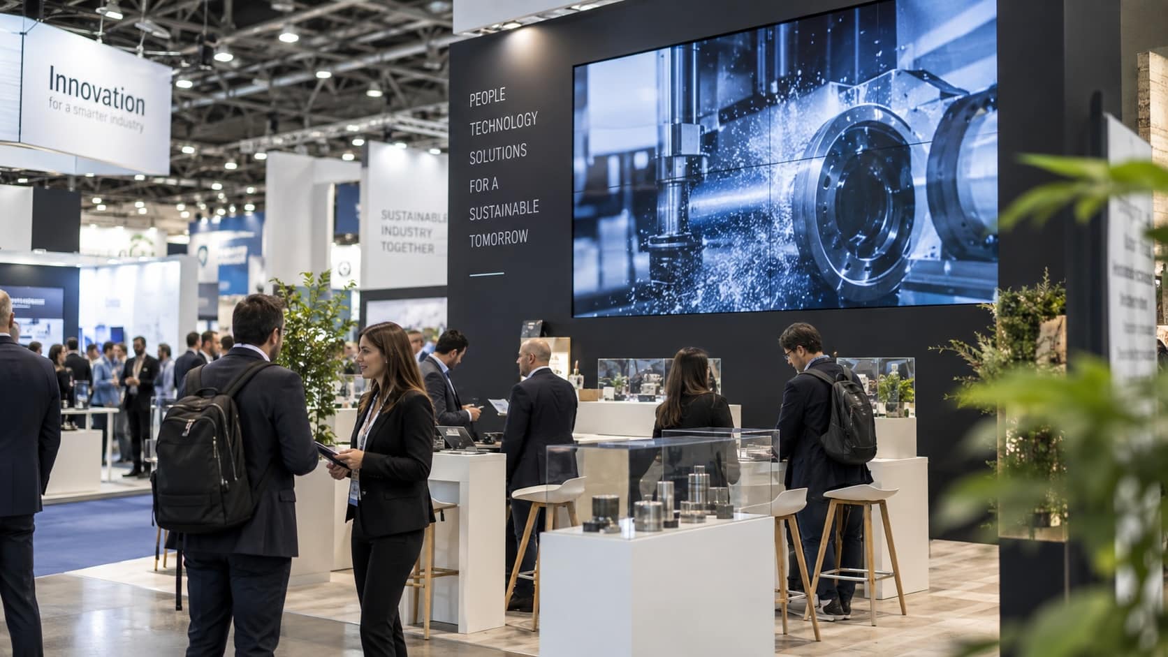 Stand fieristico moderno con grande schermo che mostra un contenuto video industriale